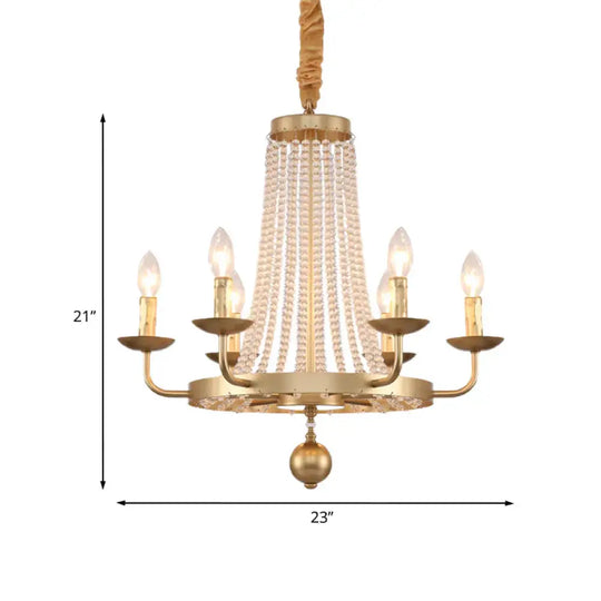 6 - Light Ring Hanging Chandelier Country Style Gold Finish Crystal Strand Candle Ceiling Lamp
