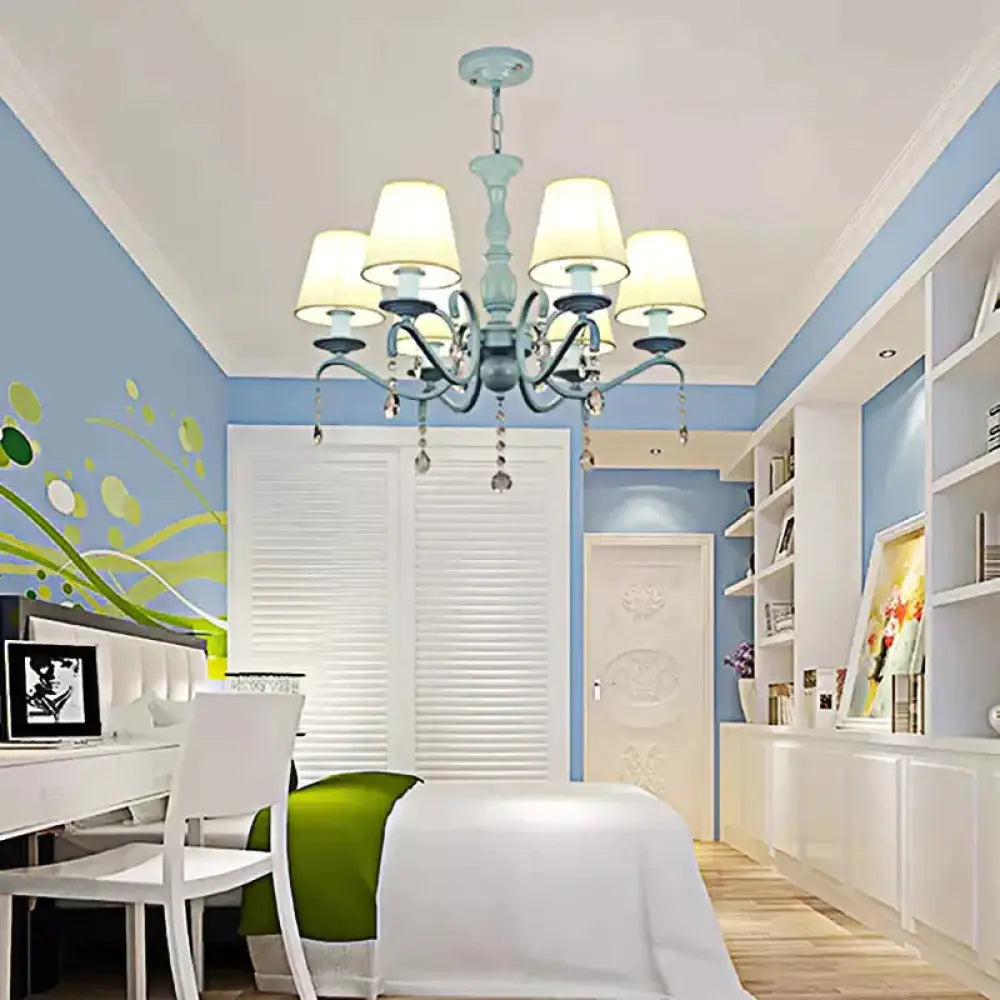 6 - Light Tapered Shade Chandelier With Crystal Bead Kids Metal Hanging Light In Blue For Foyer