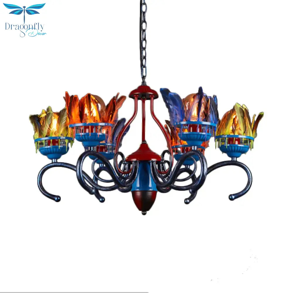 6 Lights Chandelier Lighting Fixture Antique Feather Metal Ceiling Suspension Lamp In Orange - Blue