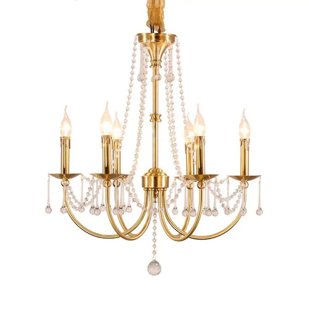 6 Lights Chandelier Lighting Traditional Curvy Arm Crystal Ceiling Pendant Light In Gold
