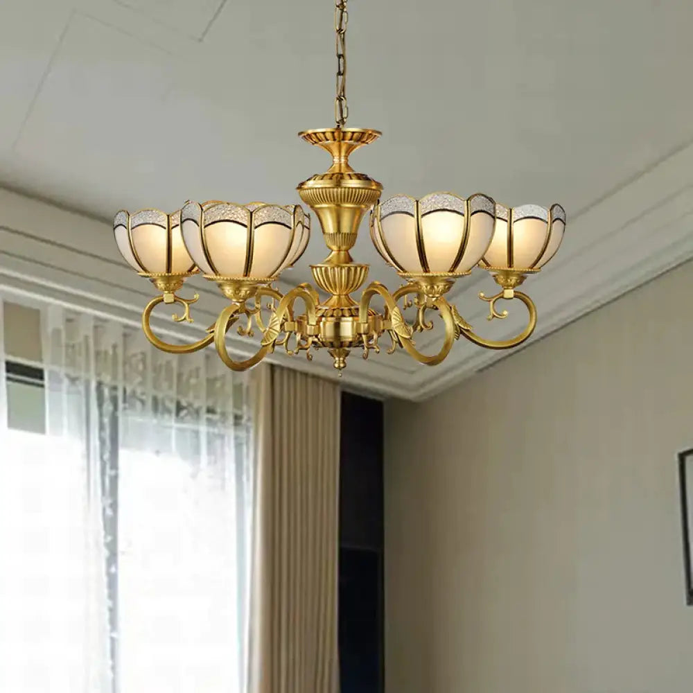 6 Lights Chandelier Pendant Lamp Colonial Bedroom Ceiling Suspension Light In Gold With Bowl