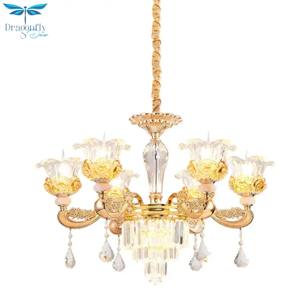 6 Lights Clear Glass Pendant Lamp Traditional Gold Flower Dining Room Chandelier With Tiered