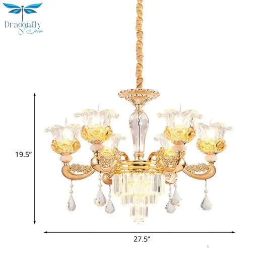 6 Lights Clear Glass Pendant Lamp Traditional Gold Flower Dining Room Chandelier With Tiered