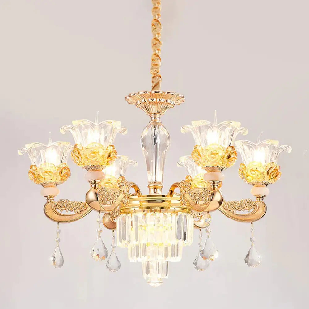 6 Lights Clear Glass Pendant Lamp Traditional Gold Flower Dining Room Chandelier With Tiered