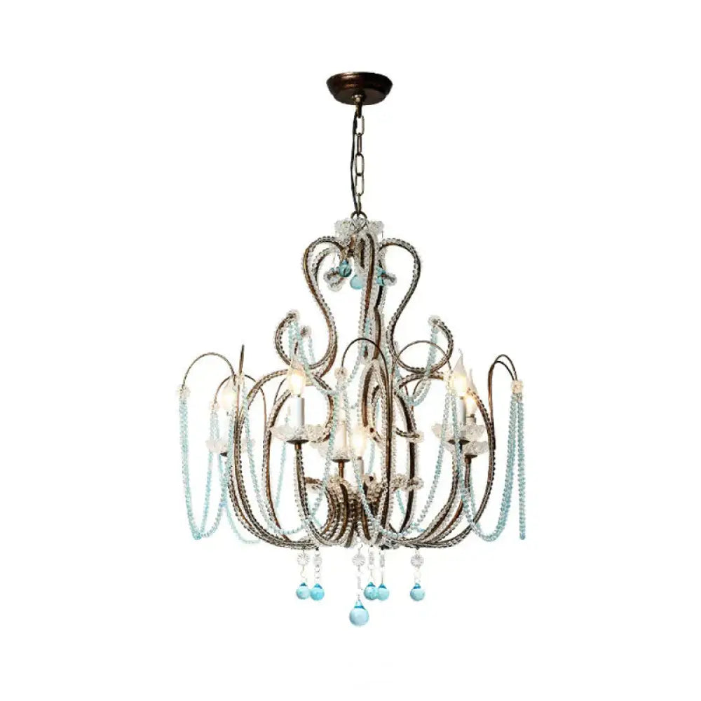 6 Lights Curve Arm Chandelier Light Vintage Rust Metal Hanging Kit With Crystal Strand