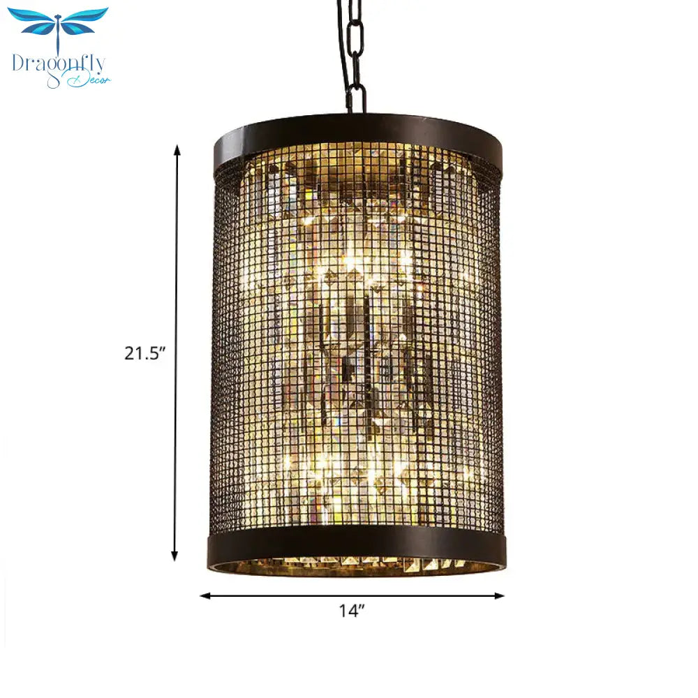 6 Lights Cylinder Chandelier Light Country Black Metal Hanging Ceiling Fixture For Dining Room With