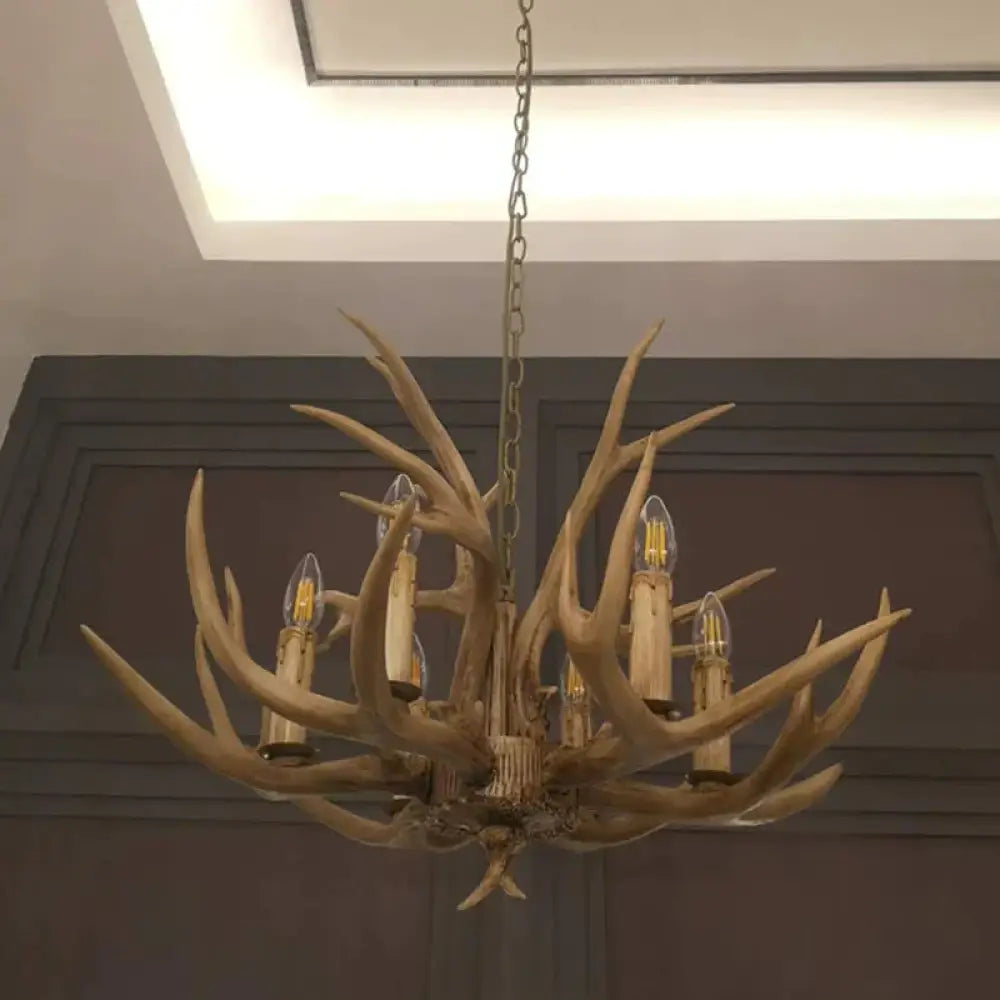 6 Lights Deer Horn Ceiling Pendant Rural Brown Resin Chandelier Lamp For Living Room