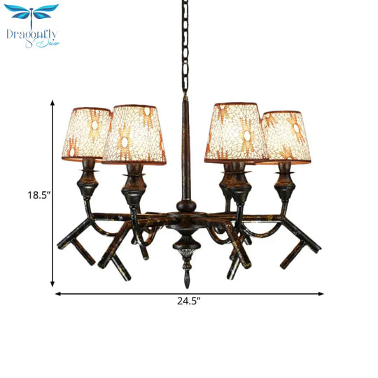 6 Lights Fabric Chandelier Lamp Traditional Brass Conical Restaurant Down Lighting Pendant