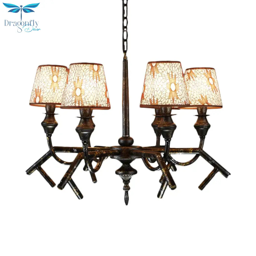 6 Lights Fabric Chandelier Lamp Traditional Brass Conical Restaurant Down Lighting Pendant