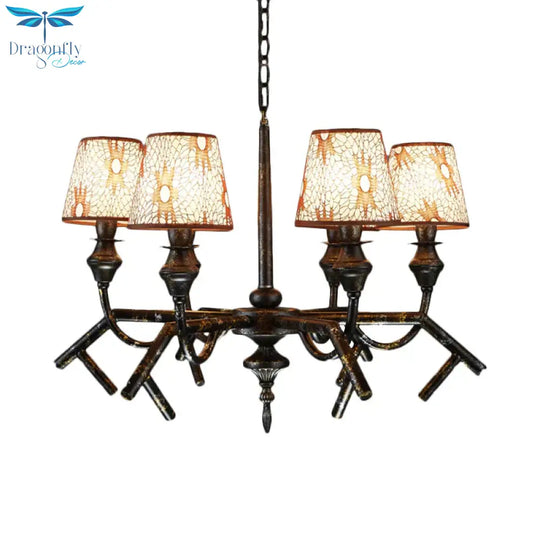 6 Lights Fabric Chandelier Lamp Traditional Brass Conical Restaurant Down Lighting Pendant