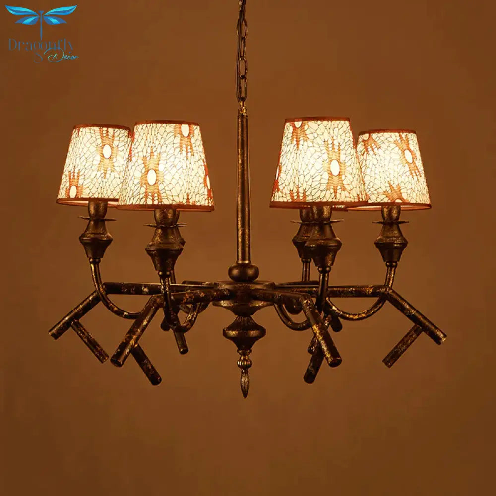 6 Lights Fabric Chandelier Lamp Traditional Brass Conical Restaurant Down Lighting Pendant