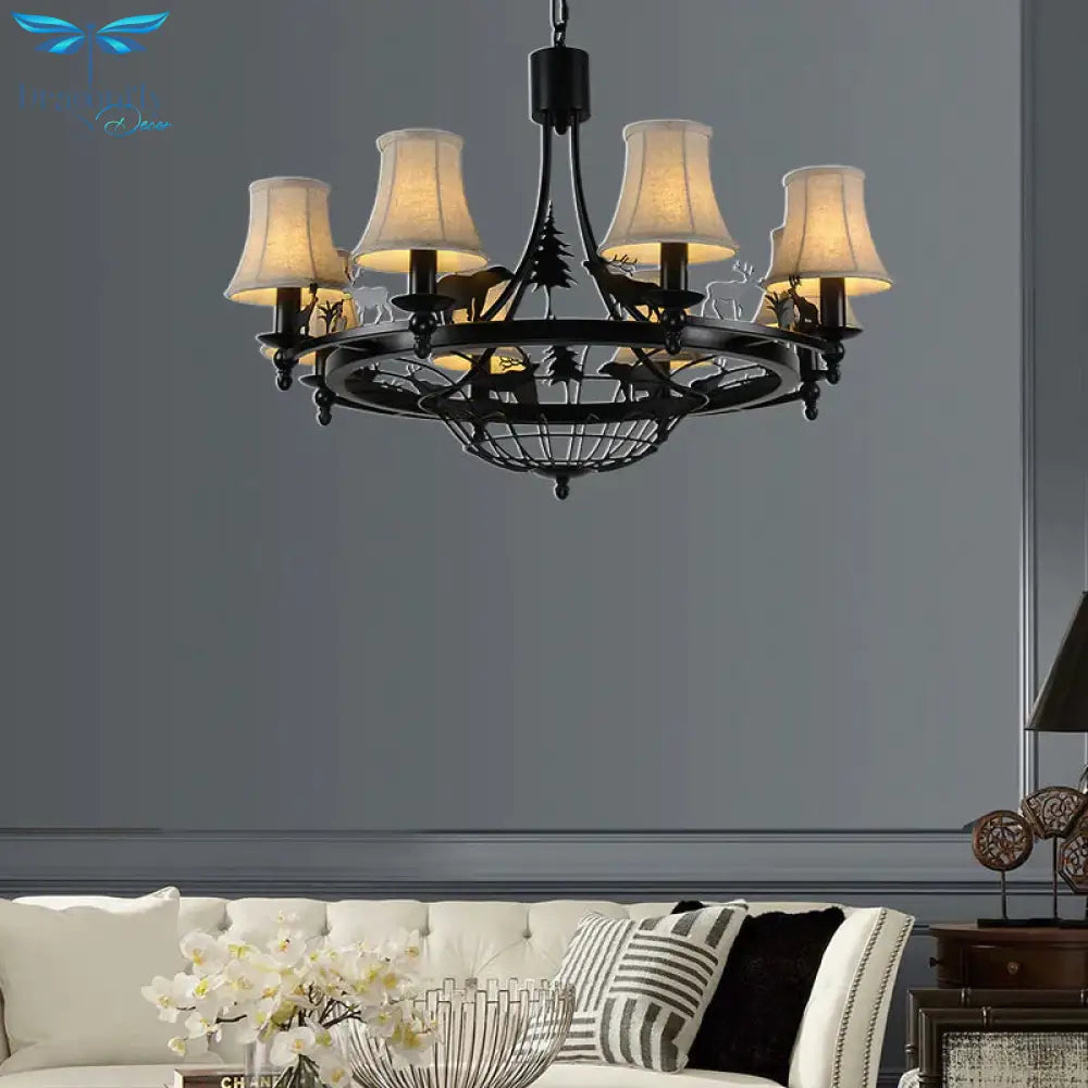 6 Lights Fabric Chandelier Light Fixture Traditional Black Cone Living Room Ceiling