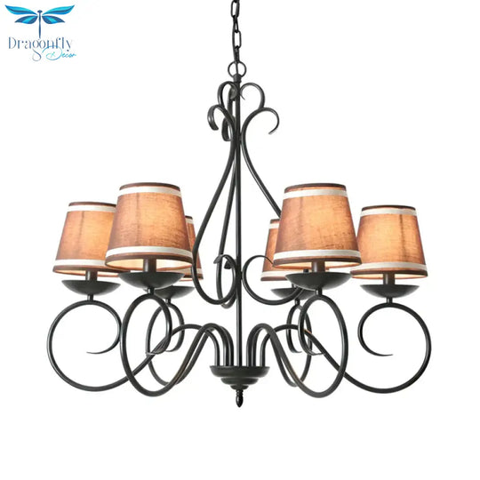 6 Lights Fabric Chandelier Light Traditional Coffee/Flaxen/White Conical Dining Room Hanging Fixture