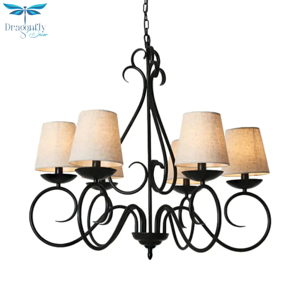 6 Lights Fabric Chandelier Light Traditional Coffee/Flaxen/White Conical Dining Room Hanging Fixture
