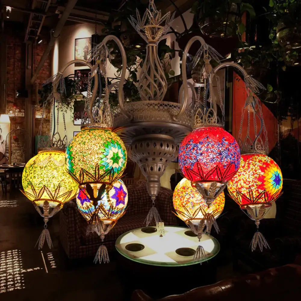 6 Lights Globe Hanging Chandelier Moroccan Brass Cut Glass Suspension Pendant For Dining Room
