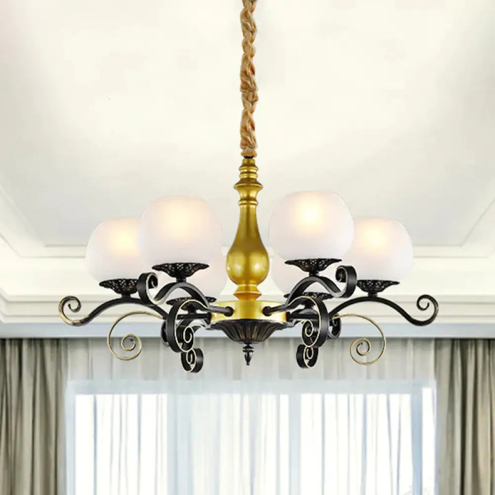 6 Lights Hanging Lighting Antique Scrolled Arm White Glass Chandelier Lamp Fixture In Black And Gold