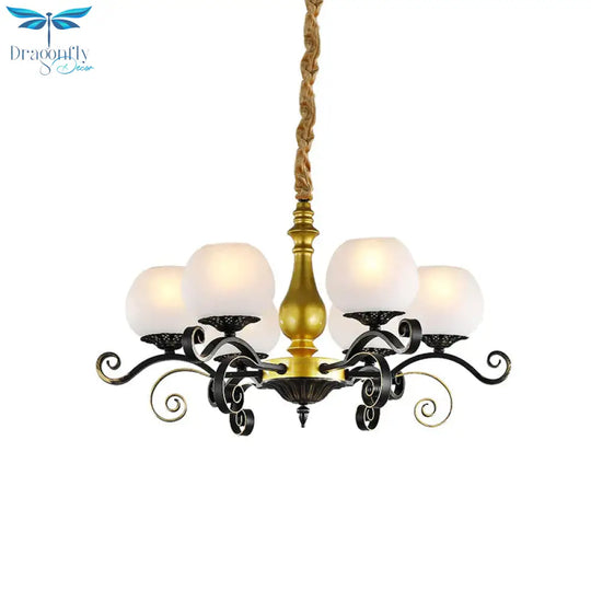 6 Lights Hanging Lighting Antique Scrolled Arm White Glass Chandelier Lamp Fixture In Black And Gold