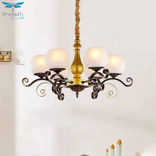 6 Lights Hanging Lighting Antique Scrolled Arm White Glass Chandelier Lamp Fixture In Black And Gold