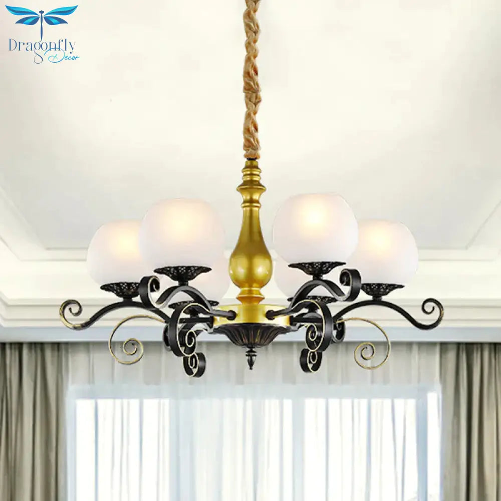 6 Lights Hanging Lighting Antique Scrolled Arm White Glass Chandelier Lamp Fixture In Black And