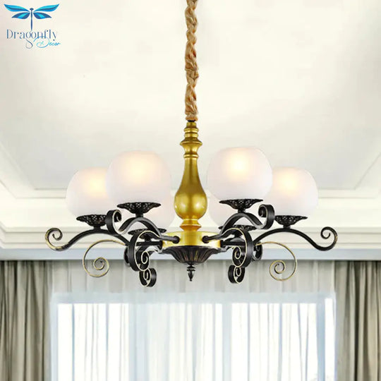 6 Lights Hanging Lighting Antique Scrolled Arm White Glass Chandelier Lamp Fixture In Black And