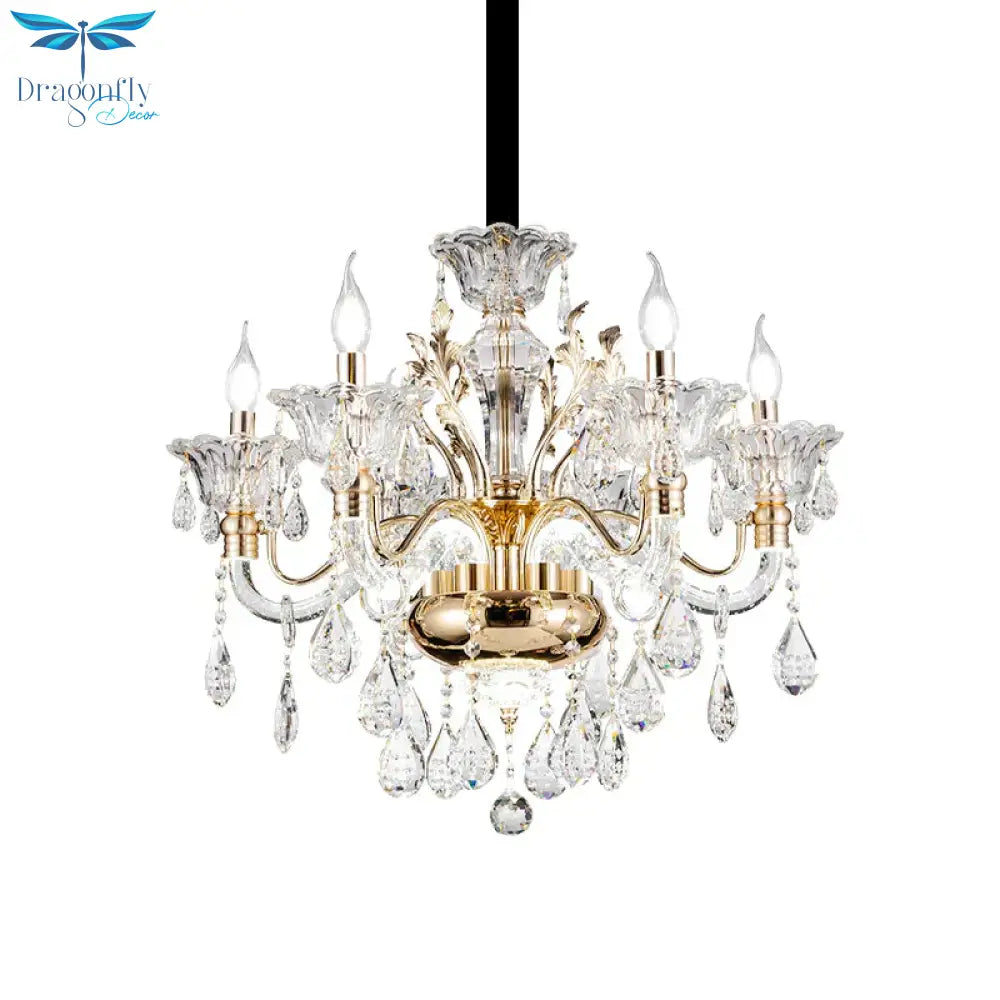 6 Lights K9 Crystal Pendant Light Mid - Century Gold Candlestick Bedroom Chandelier Lamp