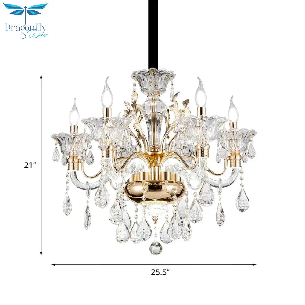 6 Lights K9 Crystal Pendant Light Mid - Century Gold Candlestick Bedroom Chandelier Lamp