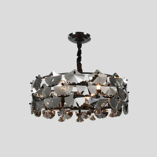 6 Lights Pendant Chandelier Modernist Drum - Shape Crystal Ginkgo Hanging Lamp In Black