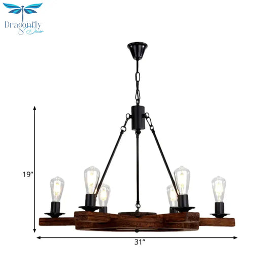 6 Lights Rudder Chandelier Light Fixture Country Brown Wood Ceiling With Bare Bulb Design For