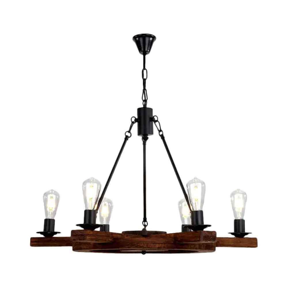 6 Lights Rudder Chandelier Light Fixture Country Brown Wood Ceiling With Bare Bulb Design For