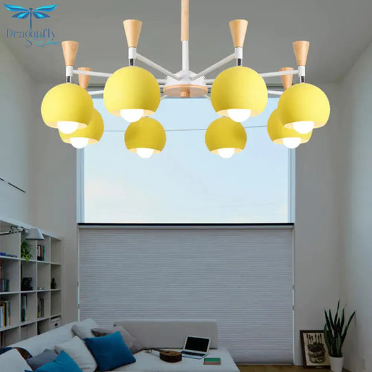 6 Lights Spherical Ceiling Pendant Macaron Metal Chandelier In Yellow For Living Room