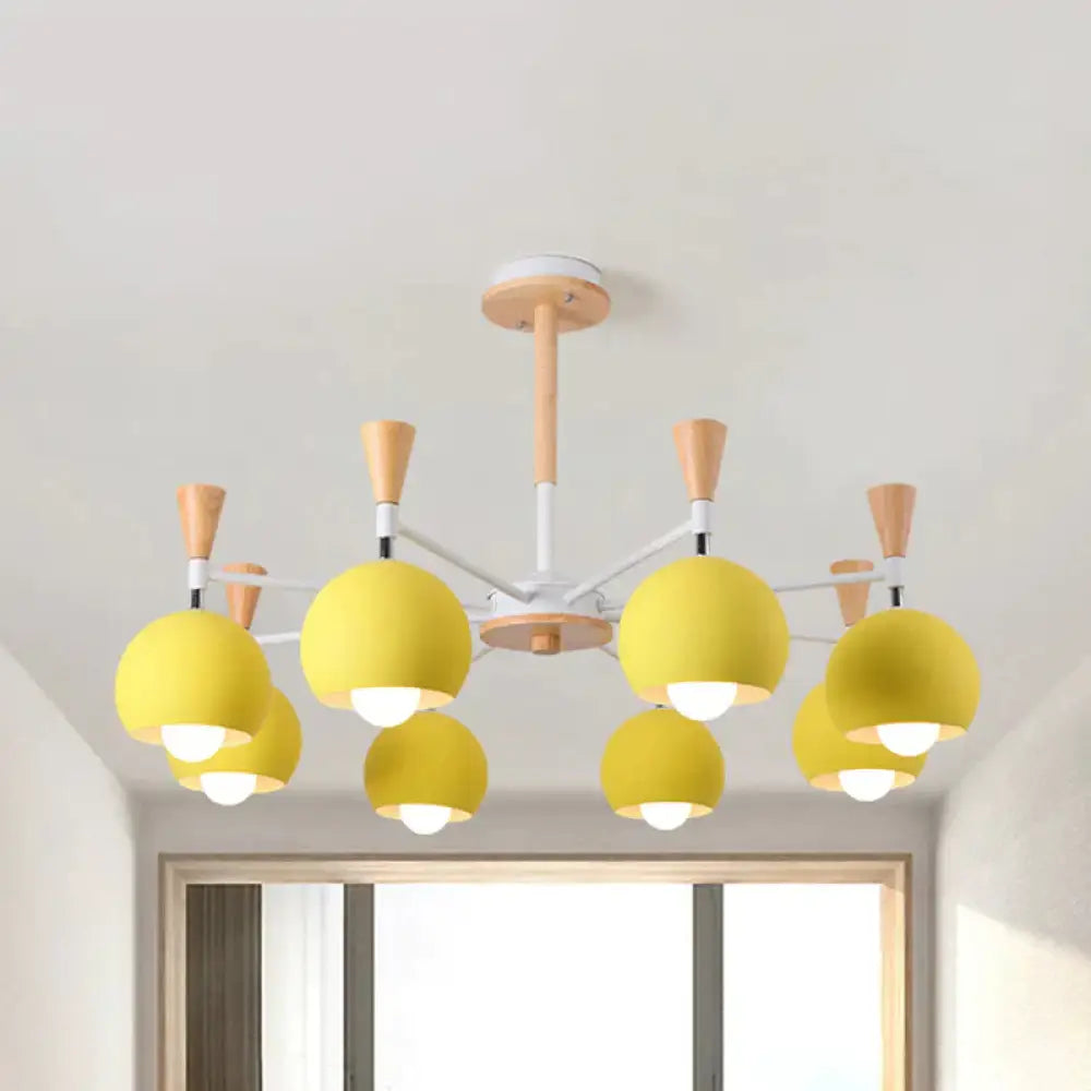 6 Lights Spherical Ceiling Pendant Macaron Metal Chandelier In Yellow For Living Room