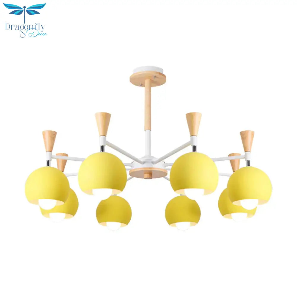6 Lights Spherical Ceiling Pendant Macaron Metal Chandelier In Yellow For Living Room