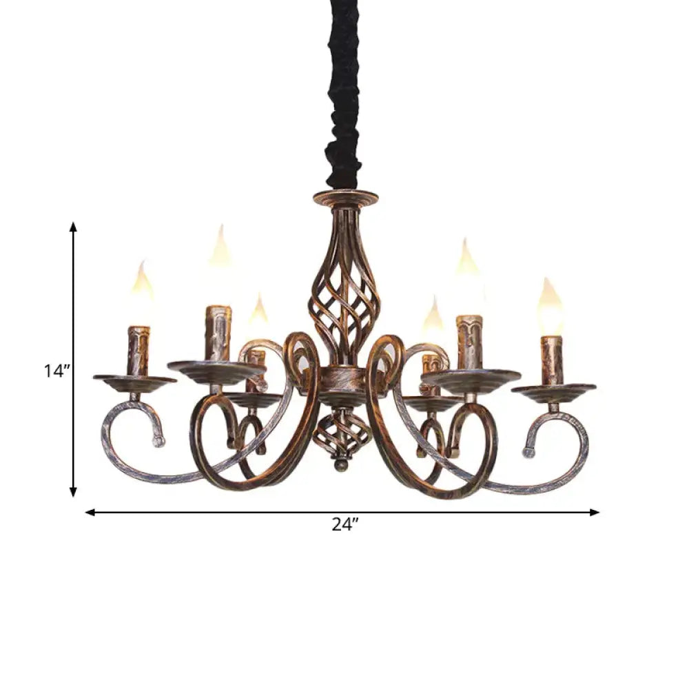 6 Lights Swirled Arm Chandelier Lamp Vintage Bronze Metal Suspension Lighting Fixture For Dining