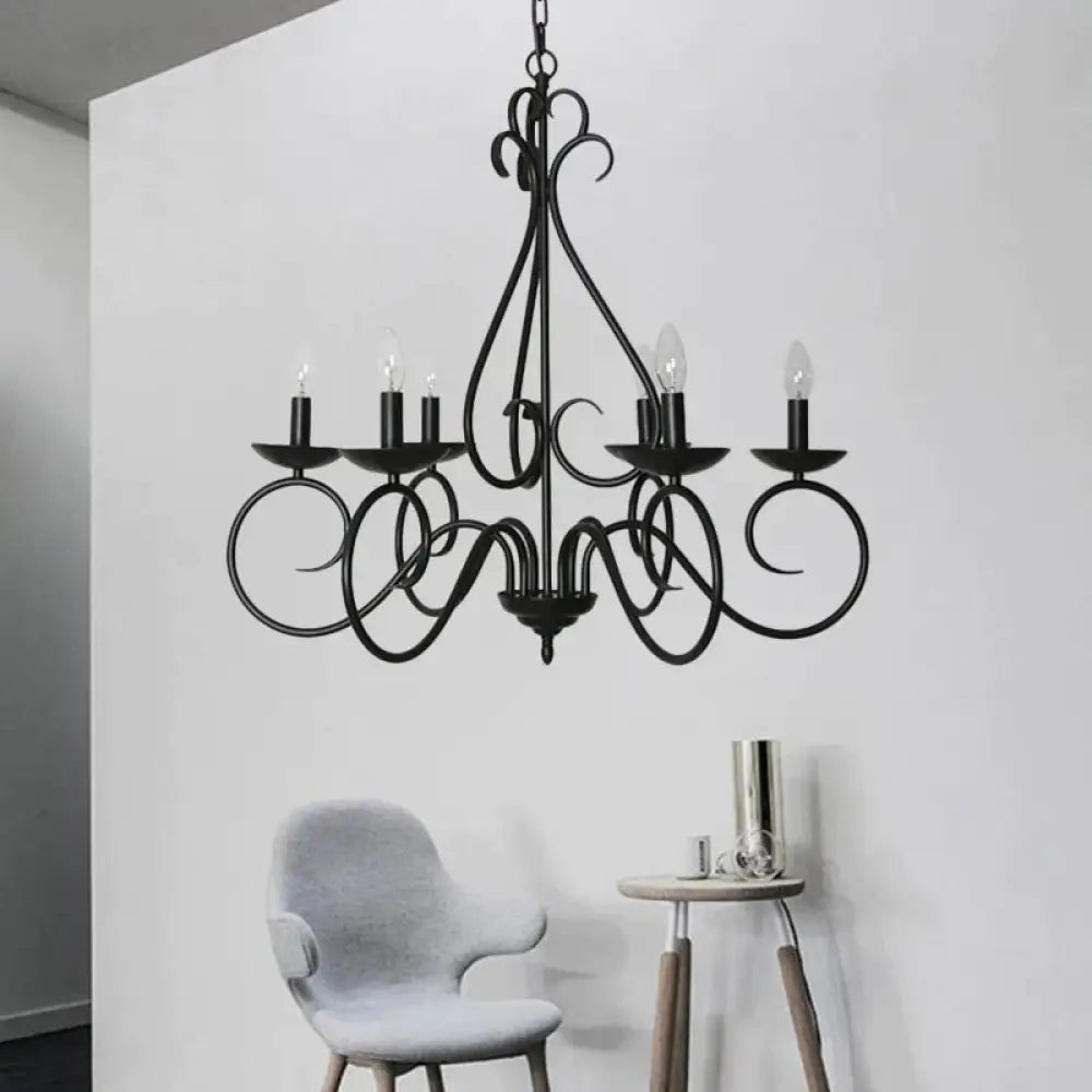 6 Lights Swirled Arm Chandelier Light Kit Traditional Black Metal Suspension For Dining Room