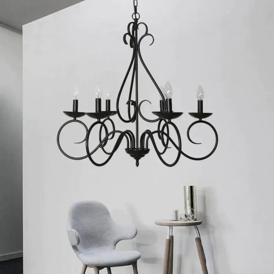 6 Lights Swirled Arm Chandelier Light Kit Traditional Black Metal Suspension For Dining Room