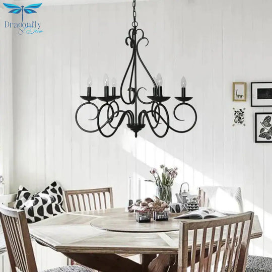 6 Lights Swirled Arm Chandelier Light Kit Traditional Black Metal Suspension For Dining Room