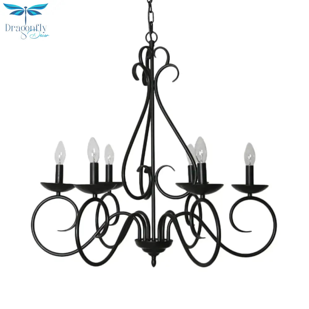 6 Lights Swirled Arm Chandelier Light Kit Traditional Black Metal Suspension For Dining Room