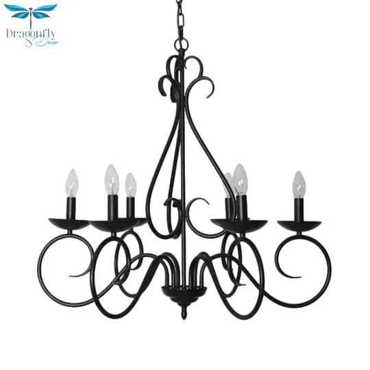6 Lights Swirled Arm Chandelier Light Kit Traditional Black Metal Suspension For Dining Room
