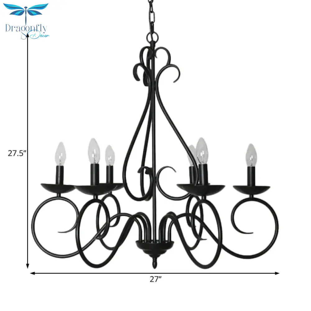 6 Lights Swirled Arm Chandelier Light Kit Traditional Black Metal Suspension For Dining Room