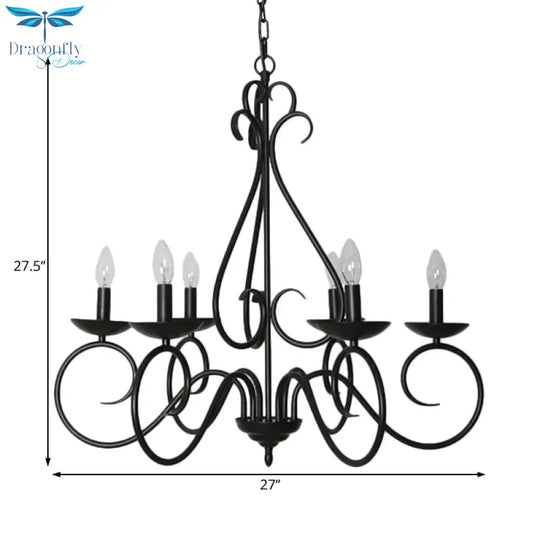 6 Lights Swirled Arm Chandelier Light Kit Traditional Black Metal Suspension For Dining Room