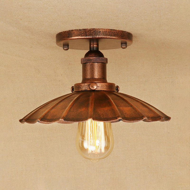 Antique - Style Scalloped Shade Semi Flush Mount Lighting - 1 - Head Iron Fixture In Rust/Black For