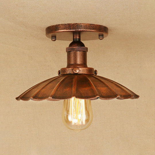 Antique - Style Scalloped Shade Semi Flush Mount Lighting - 1 - Head Iron Fixture In Rust/Black For