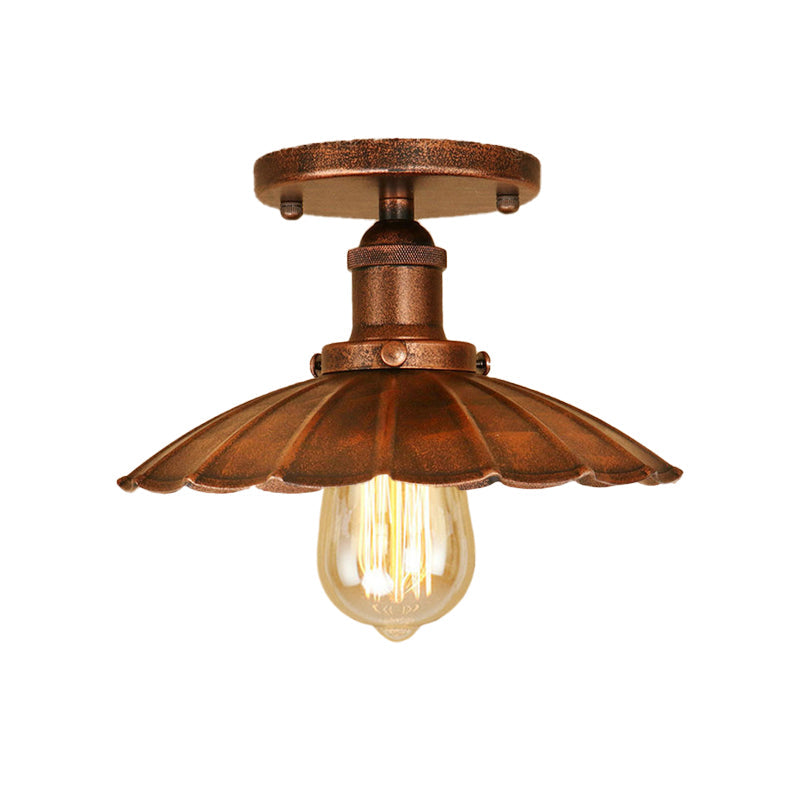 Antique - Style Scalloped Shade Semi Flush Mount Lighting - 1 - Head Iron Fixture In Rust/Black For