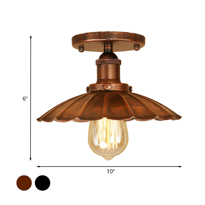 Antique - Style Scalloped Shade Semi Flush Mount Lighting - 1 - Head Iron Fixture In Rust/Black For