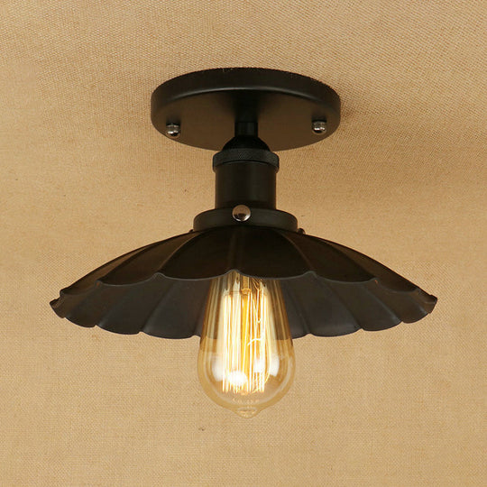 Antique - Style Scalloped Shade Semi Flush Mount Lighting - 1 - Head Iron Fixture In Rust/Black For