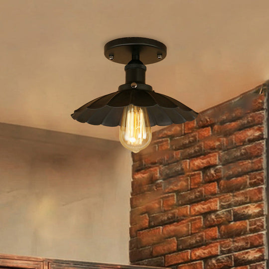 Antique - Style Scalloped Shade Semi Flush Mount Lighting - 1 - Head Iron Fixture In Rust/Black For