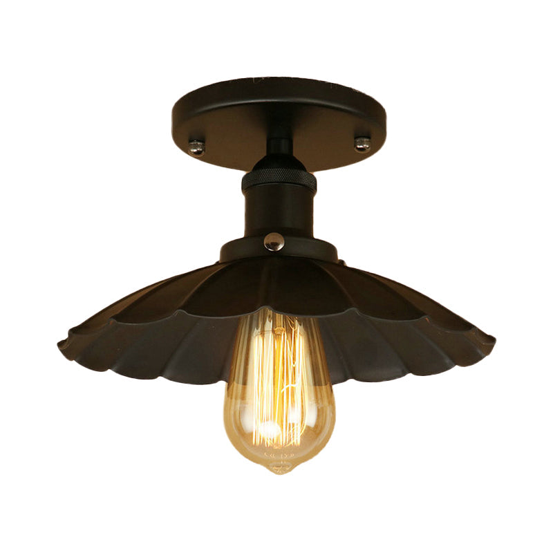 Antique - Style Scalloped Shade Semi Flush Mount Lighting - 1 - Head Iron Fixture In Rust/Black For