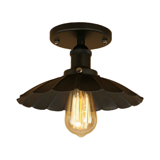 Antique - Style Scalloped Shade Semi Flush Mount Lighting - 1 - Head Iron Fixture In Rust/Black For