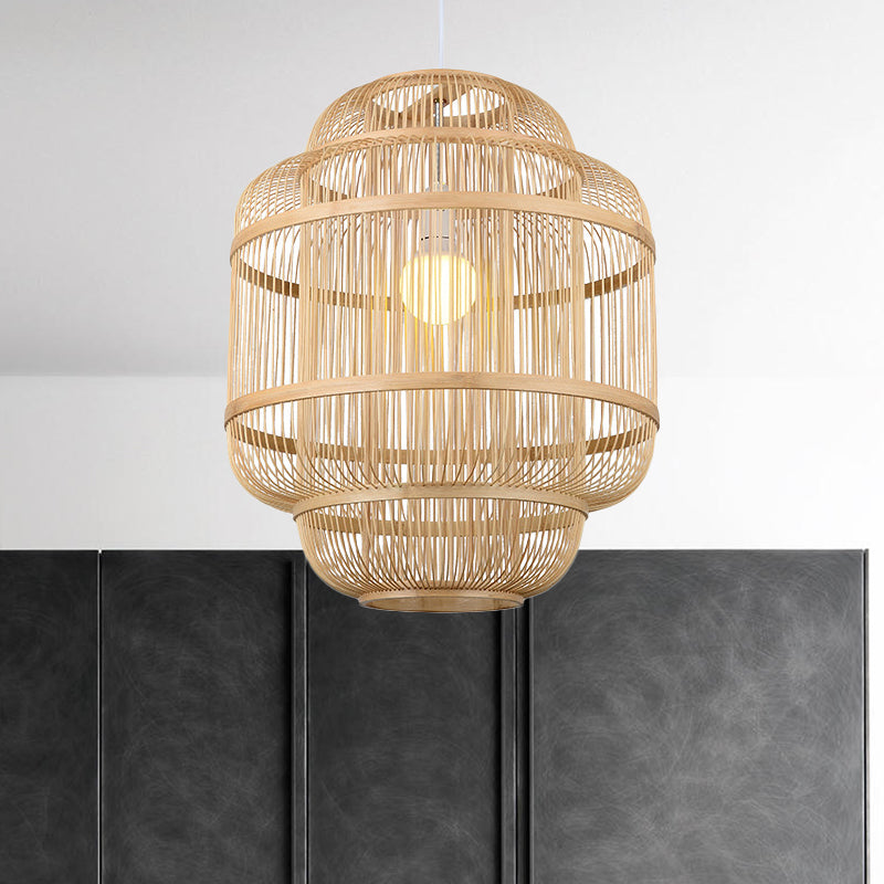 Madeleine - Rustic Wood Orb Chandelier: Beige Simple Style Hanging Lamp For Dining