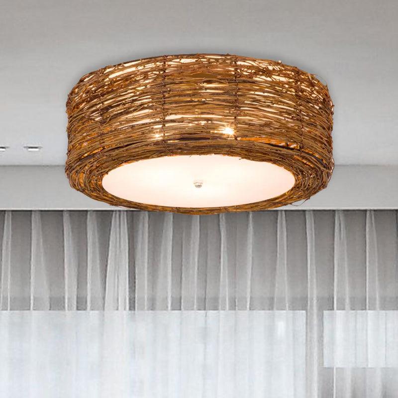 Modern 3 - Light Rattan Flush Mount Ceiling Lamp - Hand - Woven Round Shade In Brown 16’/19.5’